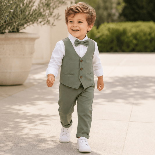 Costum elegant băieți 4 piese verde olive – look natural premium | Olive Charm