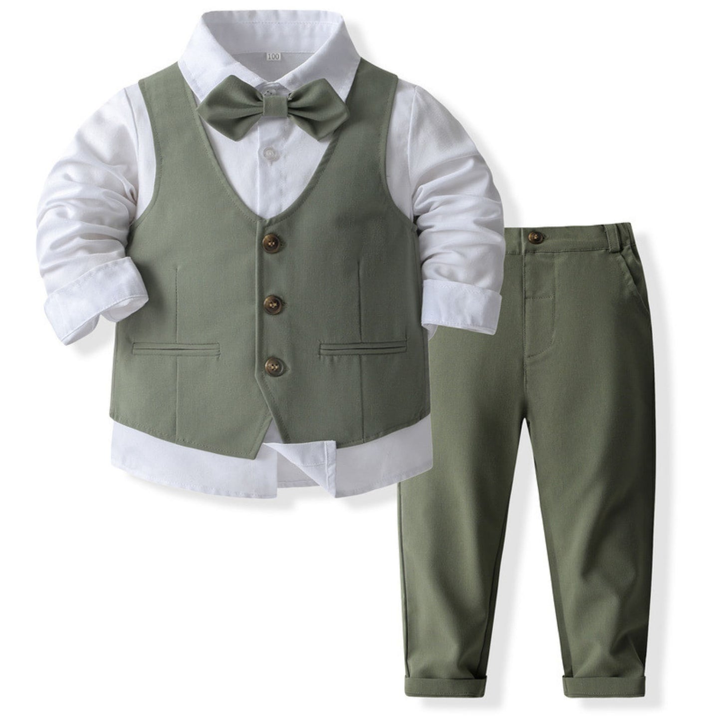 Costum elegant băieți 4 piese verde olive – look natural premium | Olive Charm