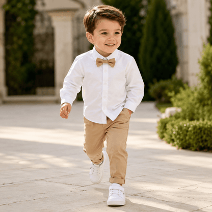 Costum elegant băieți maro deschis – stil casual elegant | Tiny Latte