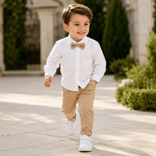 Costum elegant băieți maro deschis – stil casual elegant | Tiny Latte