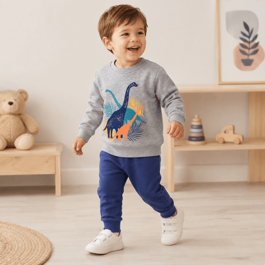Compleu băieți gri cu imprimeu dino – confort zilnic | Grey Dino Explorer