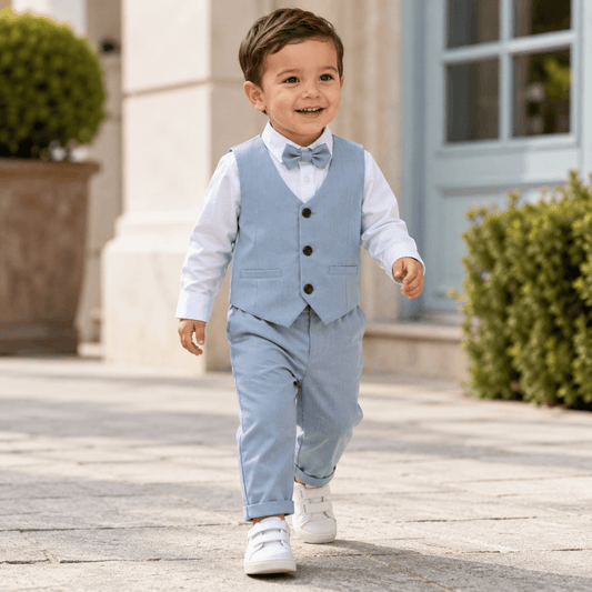 Costum elegant băieți 4 piese albastru – ideal pentru petreceri și evenimente | Dusty Blue Charm