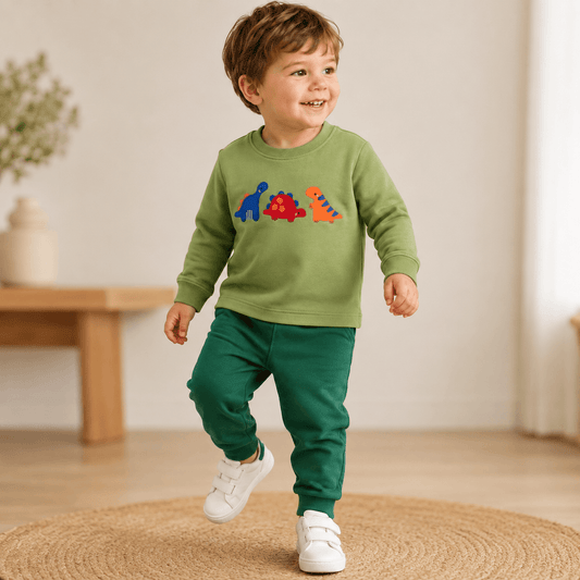 Compleu băieți din bumbac verde cu dino – stil casual | Green Dino Charm