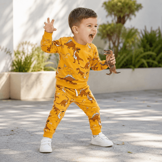 Compleu băieți galben cu dino – outfit vesel | Sunny Roar Set
