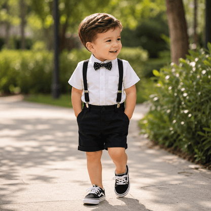 Costum elegant băieți alb negru de vară – look clasic modern | Kidohug Mini Noar